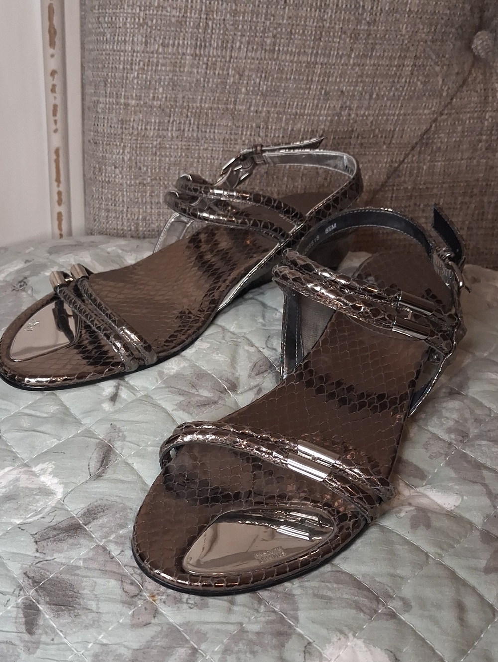 Stuart Weitzman Metallic Silver Snake-Texture Sandals NEW